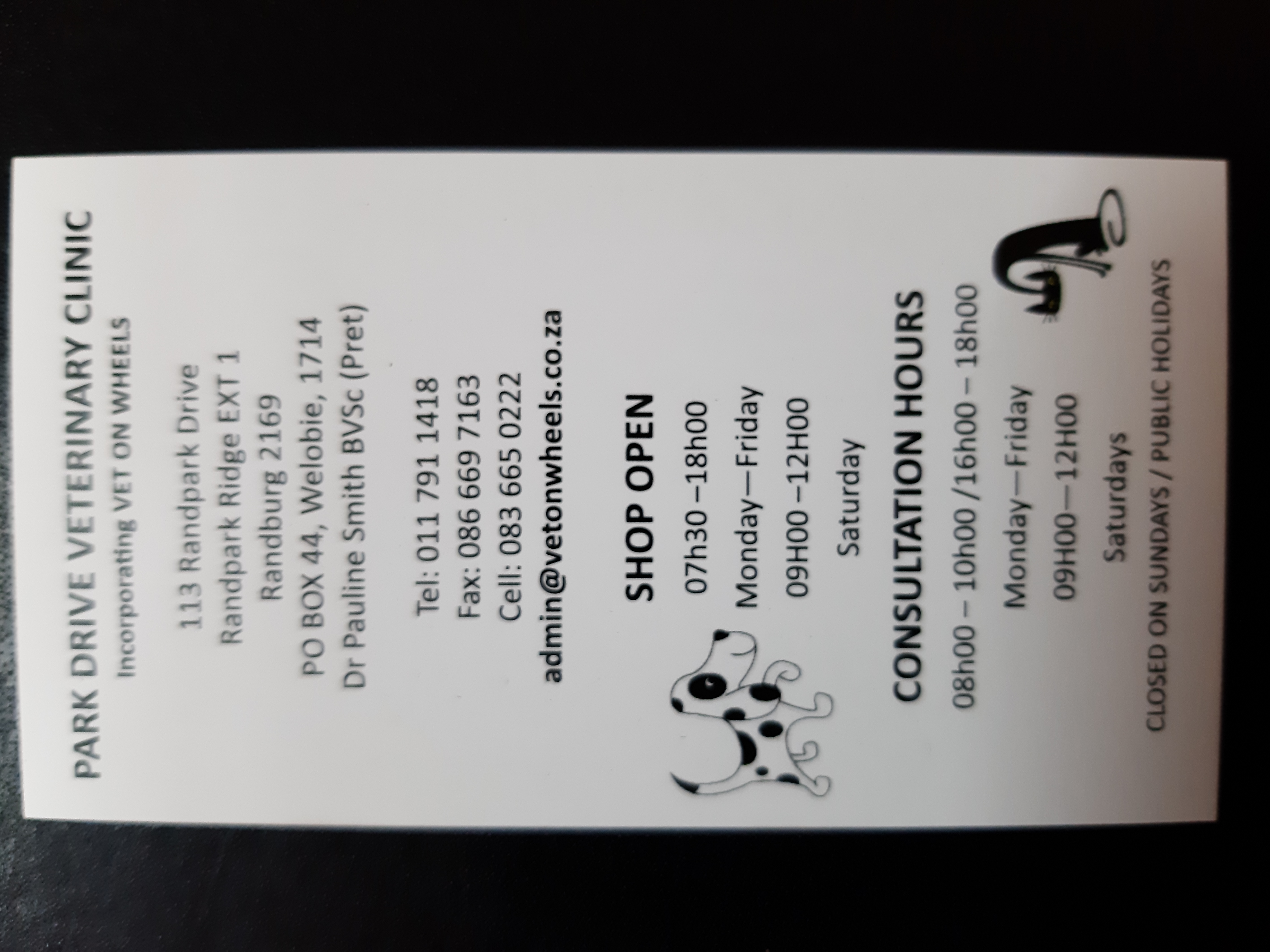DR PJ SMITH Park Drive Veterinary Clinic incorporating Vet on Wheels - Randburg , South Africa